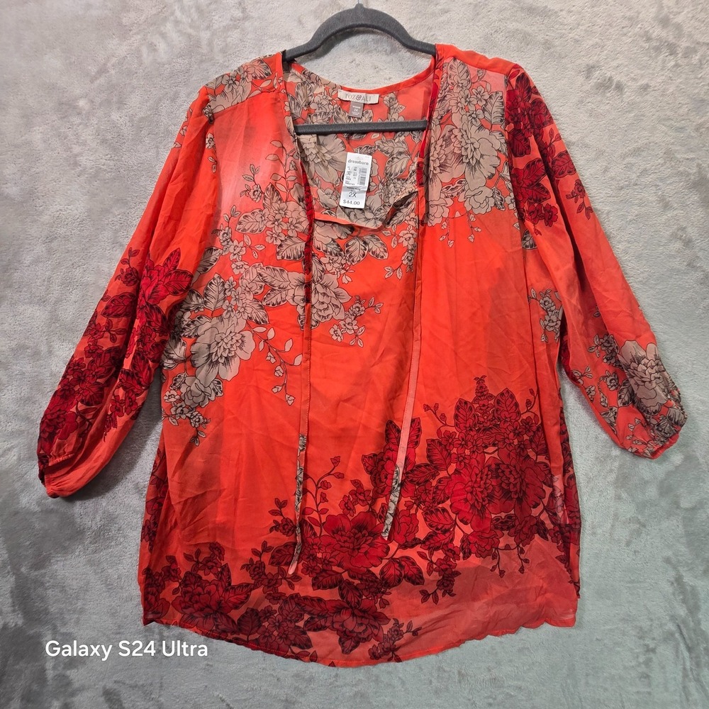 Roz & Ali Chiffon Blouse Top Women 2X Coral Red Floral Print 3/4 Sleeve Tie Neck